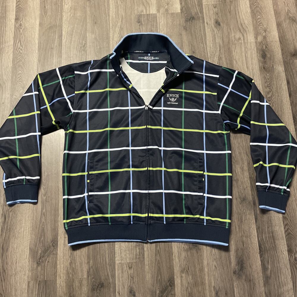 ENYCE Clothing Company Men's Navy Plaid Golf Jacket Full Zipper Pockets 2XL